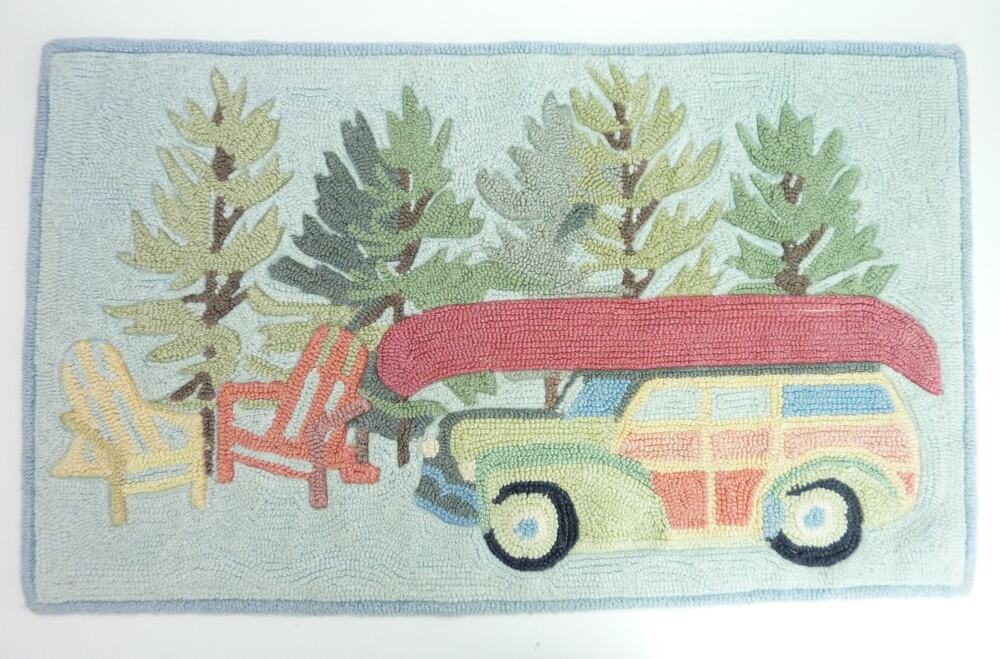 Vintage Hooked Camper Rug Wool Woody Canoe Lawn Chair Bath Mat Small 19x32